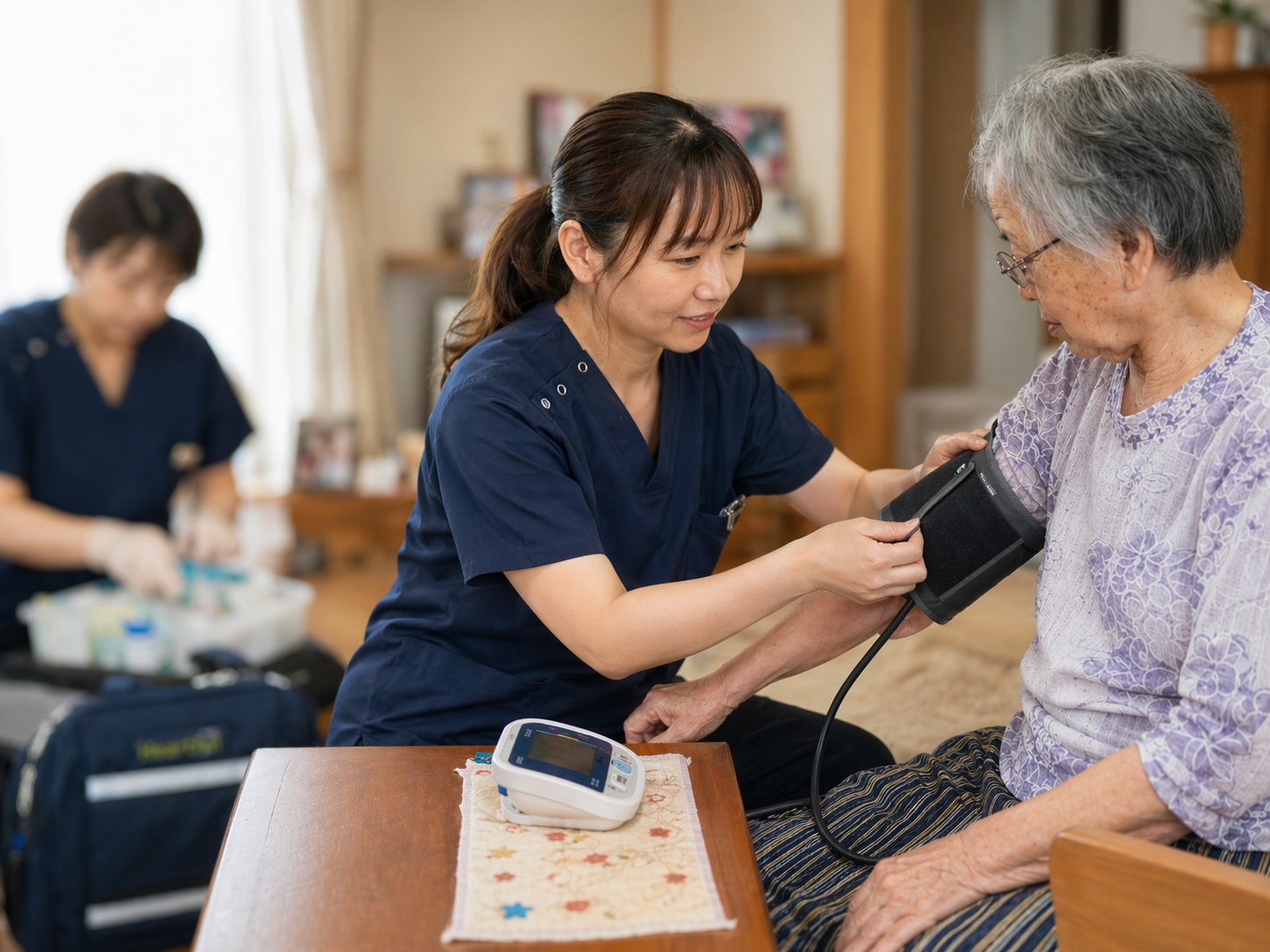 看護師が利用者様の体調を確認する様子