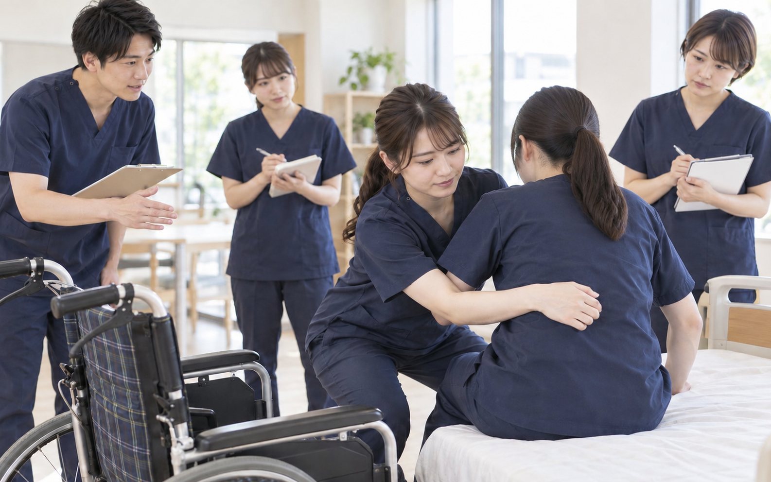 研修室で車いすからベッドへの移乗介助を実技で学ぶスタッフたち
