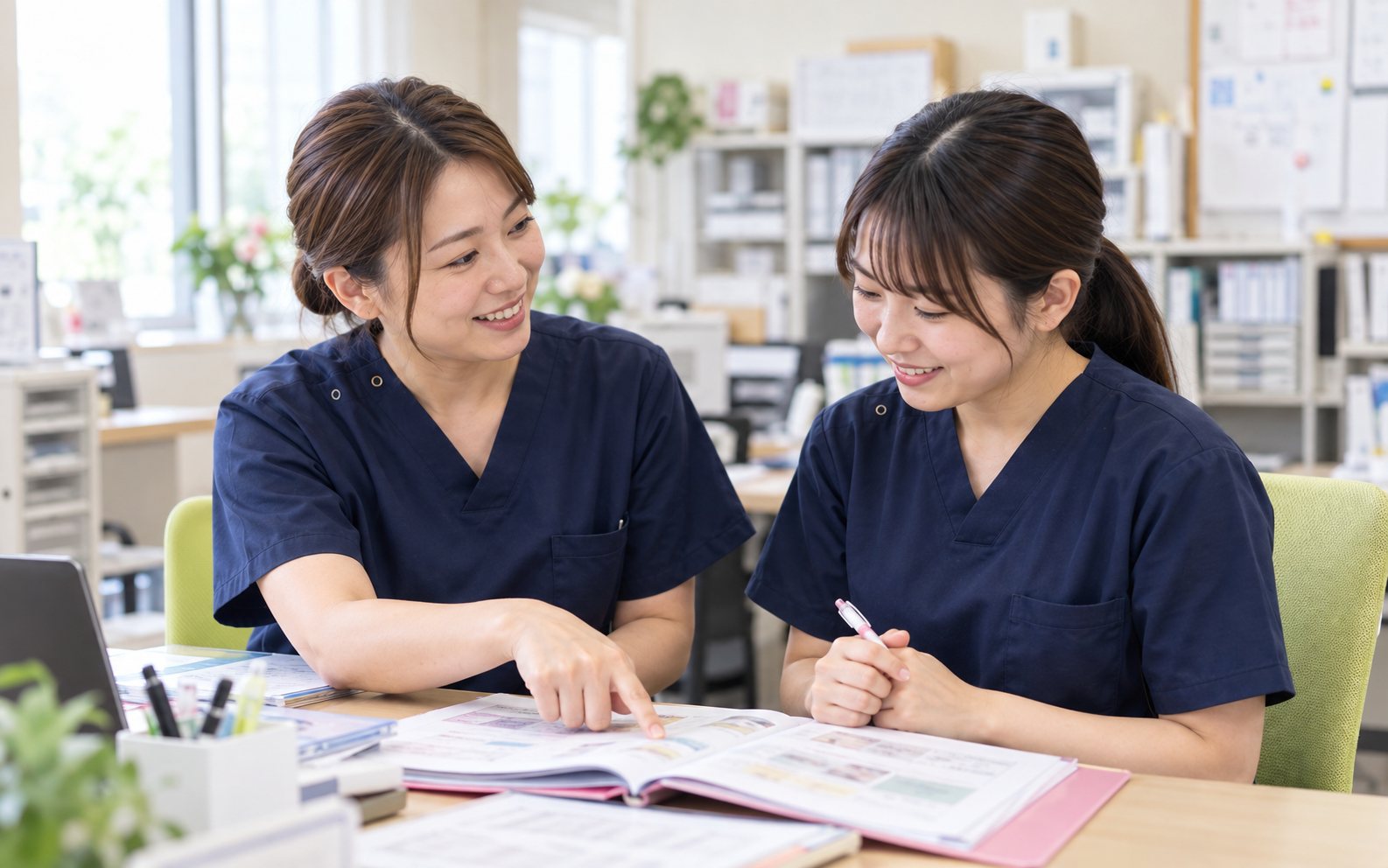 先輩スタッフが新人スタッフに資料を見せながら教えている様子